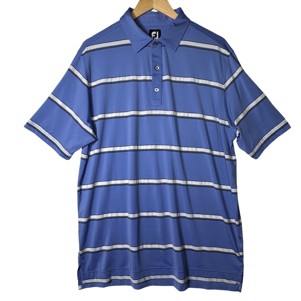 FootJoy Mens Large Blue Striped Golf Polo Performance PGA Tour Athletic